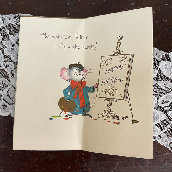 Anthropomorphic Mouse Artist Vintage 1950s Birthday Greeting Card Unused