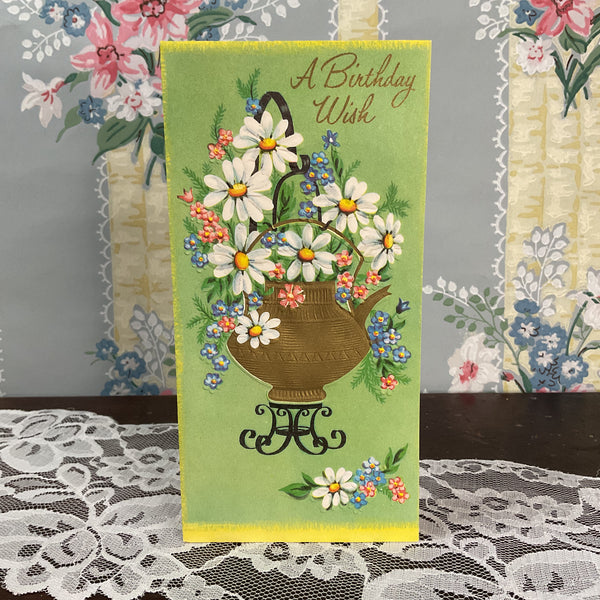Vintage 1950s Birthday Wish Greeting Card Flowers in Tea Kettle Unused