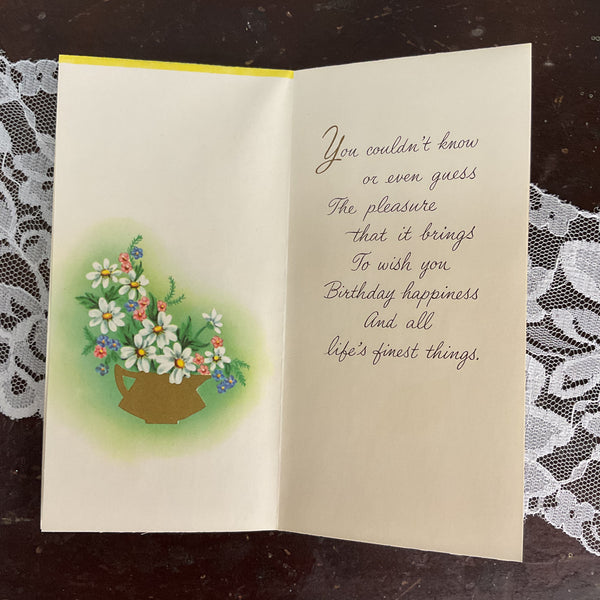 Vintage 1950s Birthday Wish Greeting Card Flowers in Tea Kettle Unused