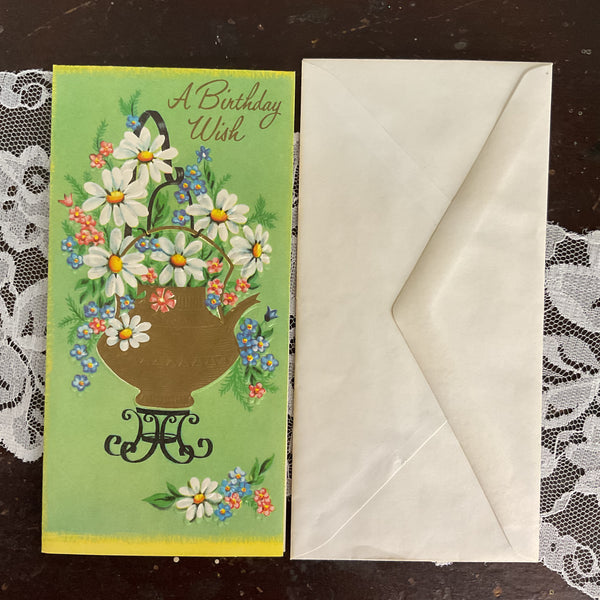 Vintage 1950s Birthday Wish Greeting Card Flowers in Tea Kettle Unused