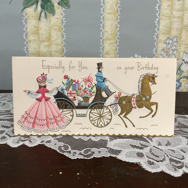 Vintage 1950s Birthday Greetings Card Horse Drawn Carriage Unused