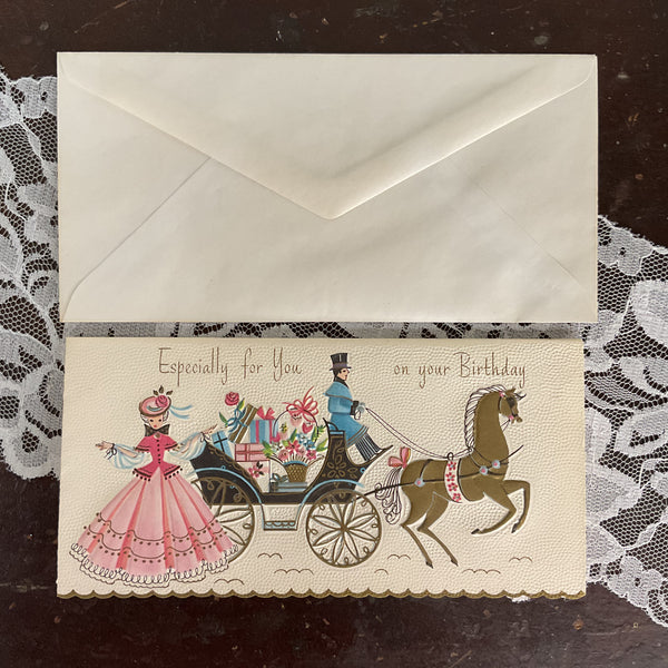 Vintage 1950s Birthday Greetings Card Horse Drawn Carriage Unused