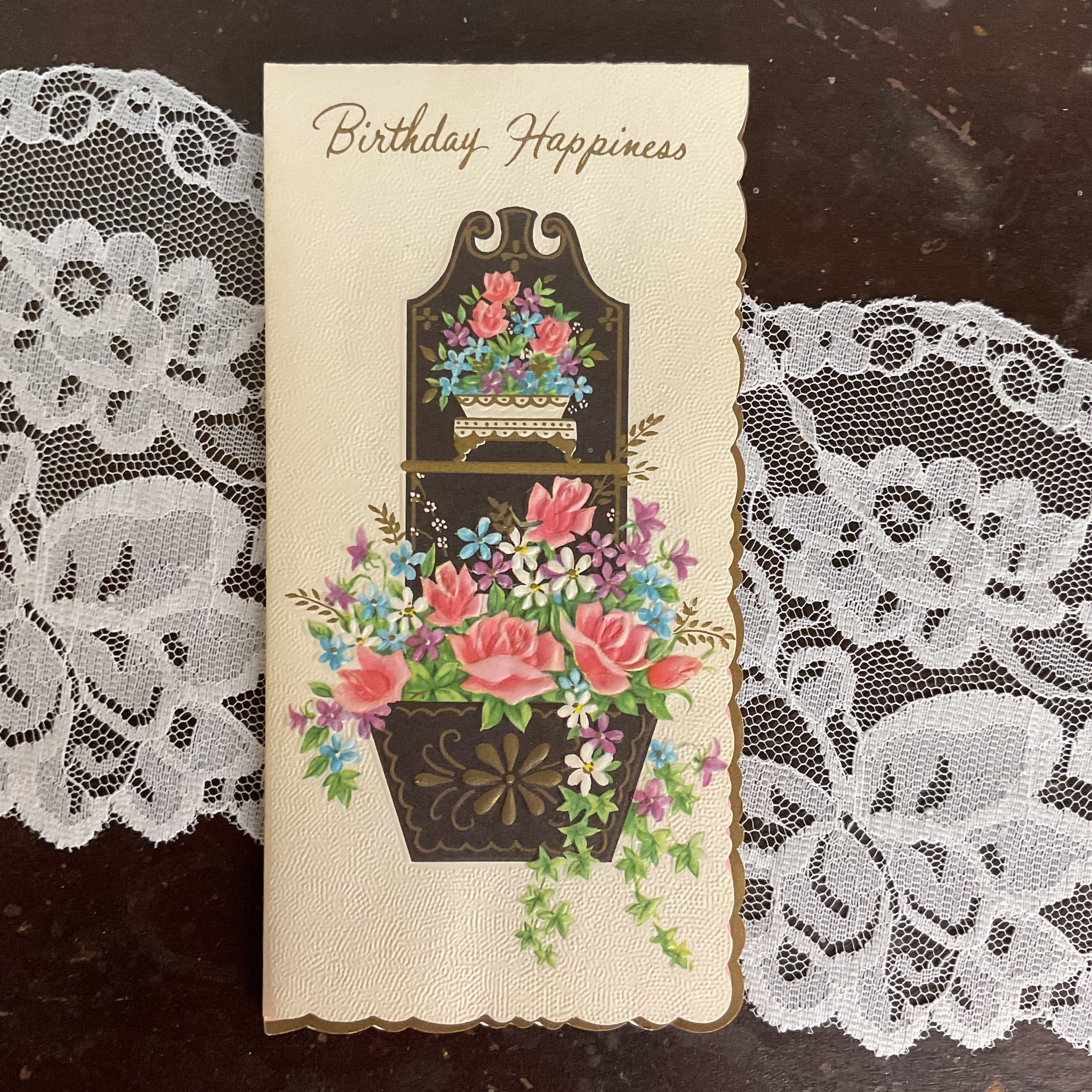 Vintage 1950s Birthday Greetings Card Floral Wall Pocket Unused