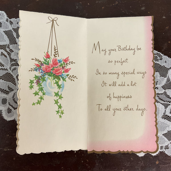 Vintage 1950s Birthday Greetings Card Floral Wall Pocket Unused