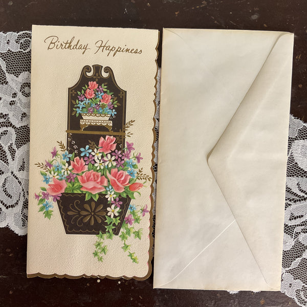 Vintage 1950s Birthday Greetings Card Floral Wall Pocket Unused