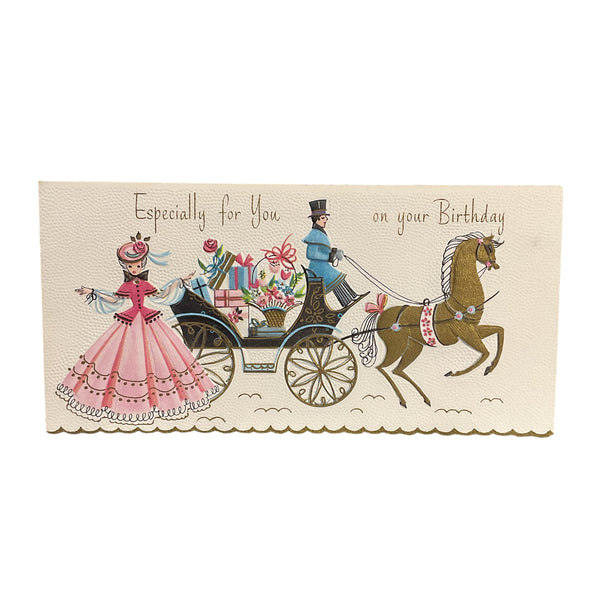 Vintage 1950s Birthday Greetings Card Horse Drawn Carriage Unused