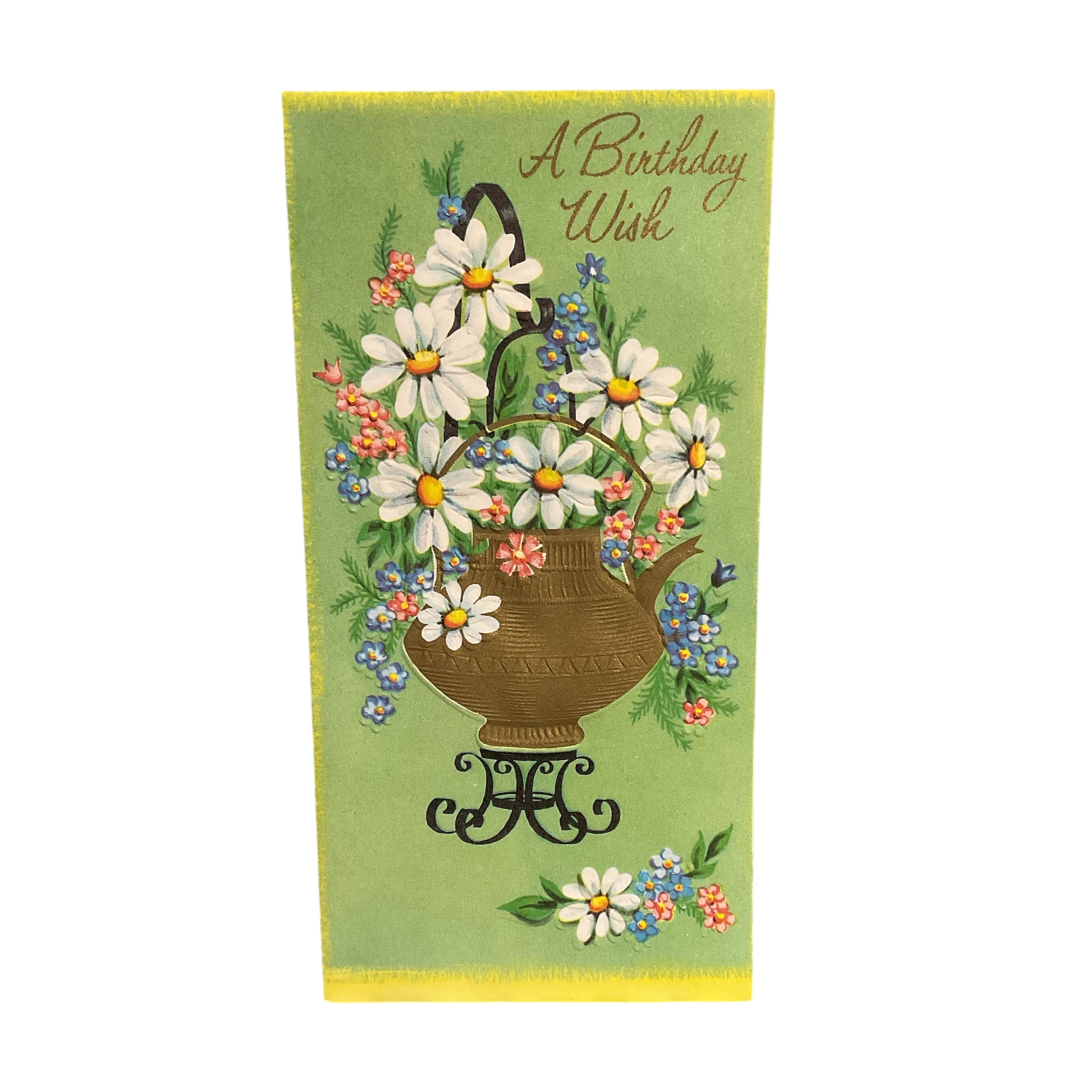 Vintage 1950s Birthday Wish Greeting Card Flowers in Tea Kettle Unused