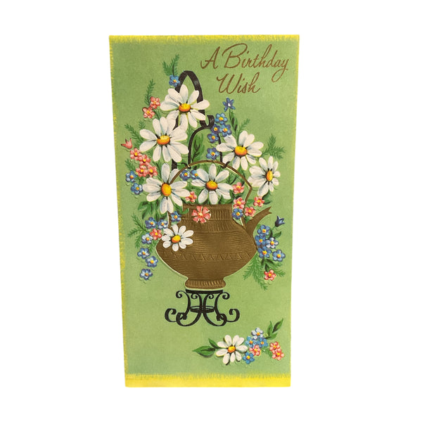 Vintage 1950s Birthday Wish Greeting Card Flowers in Tea Kettle Unused