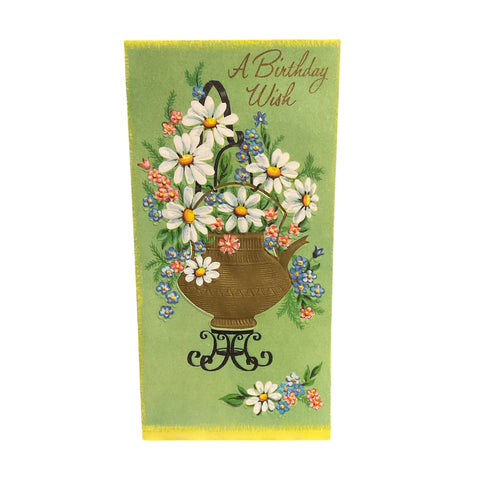 Vintage 1950s Birthday Wish Greeting Card Flowers in Tea Kettle Unused