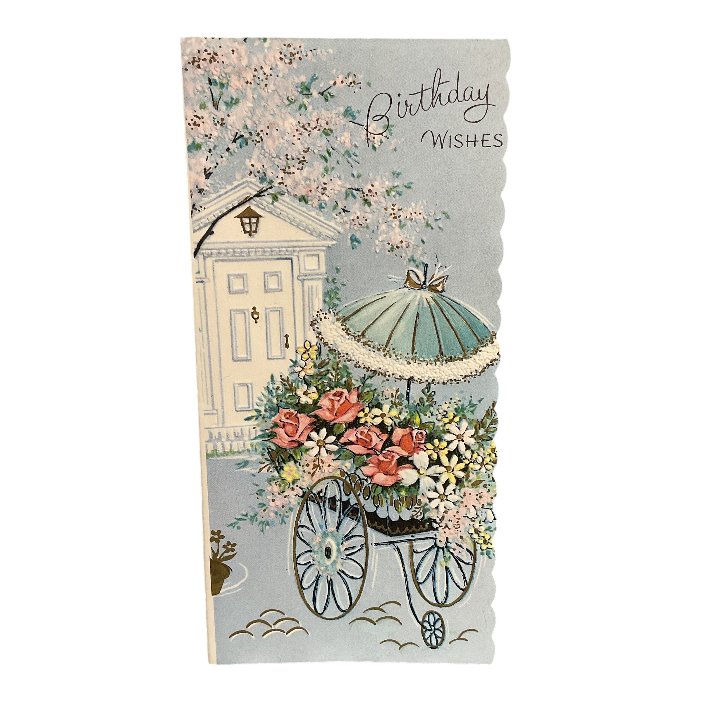 Flower Cart Parasol Vintage 1950s Birthday Wishes Greeting Card Unused