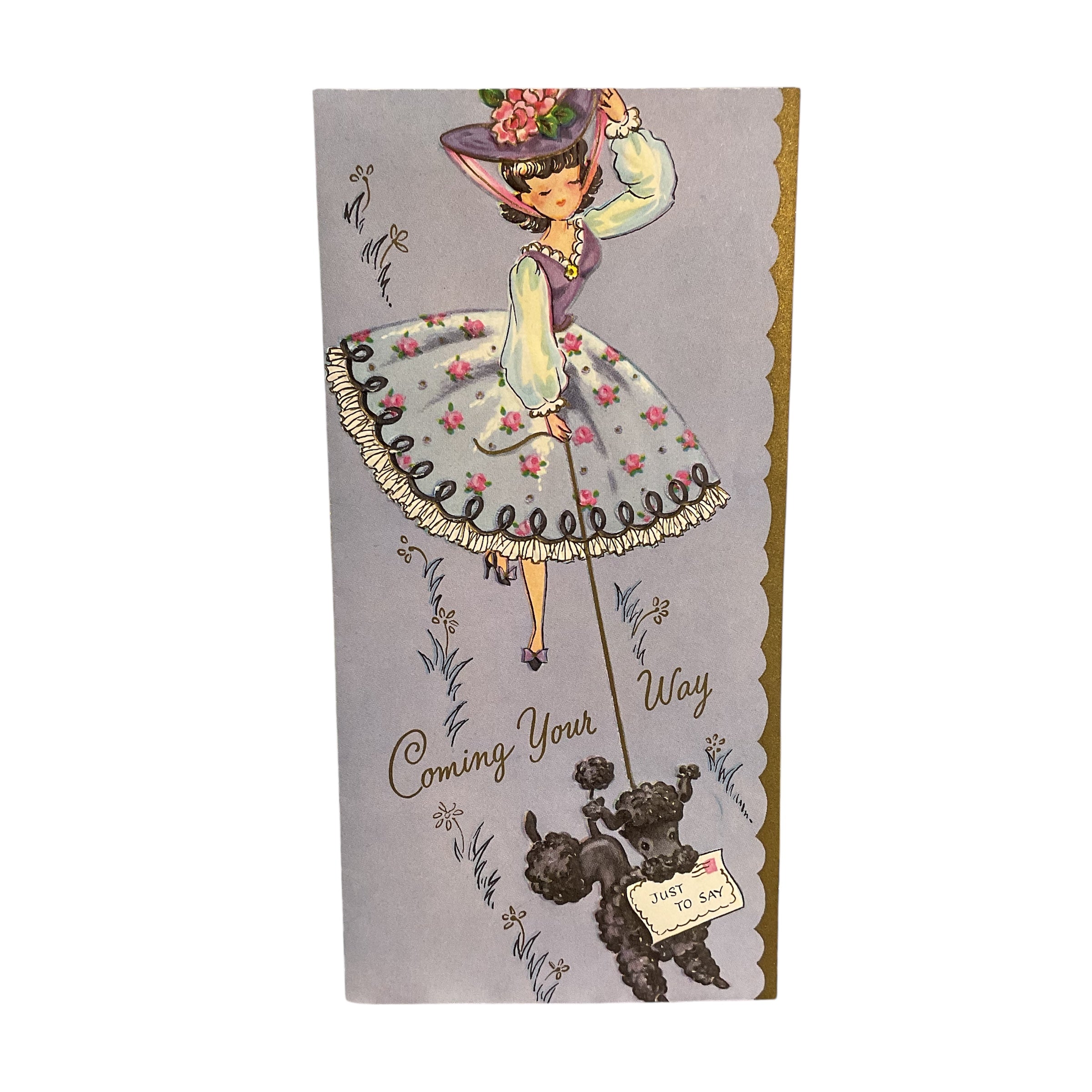 Lady Walking Black Poodle Vintage 1950s Birthday Greetings Card Unused