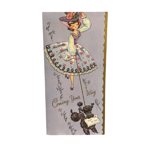 Lady Walking Black Poodle Vintage 1950s Birthday Greetings Card Unused
