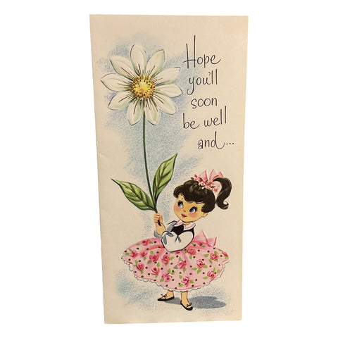 Vintage 1950s Get Well Card Little Girl Holding Huge Daisy Unused