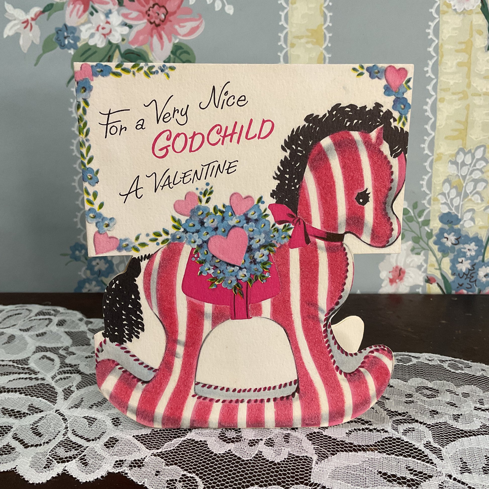 Vintage 1950s Norcross Valentine Card Flocked Rocking Horse Godchild USED - Avid Vintage