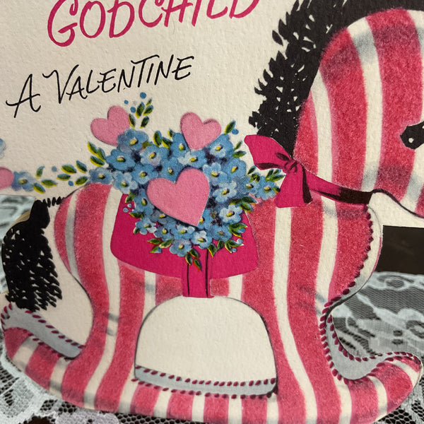Vintage 1950s Norcross Valentine Card Flocked Rocking Horse Godchild USED