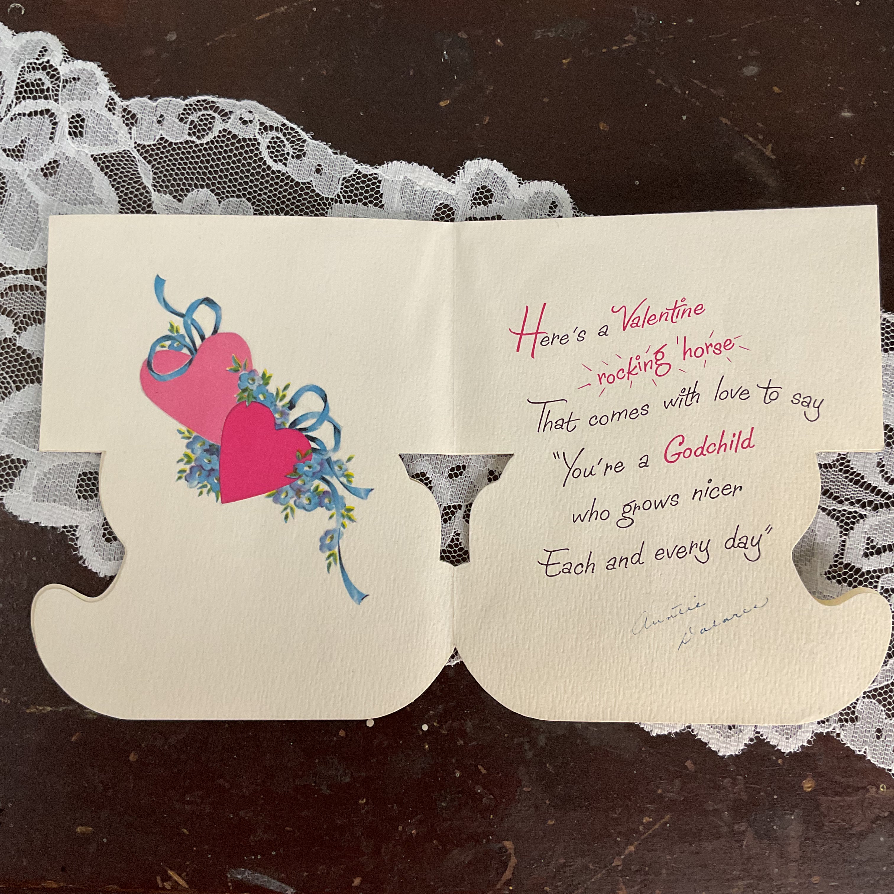 Vintage 1950s Norcross Valentine Card Flocked Rocking Horse Godchild USED - Avid Vintage
