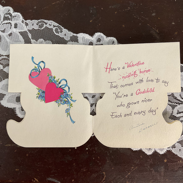 Vintage 1950s Norcross Valentine Card Flocked Rocking Horse Godchild USED