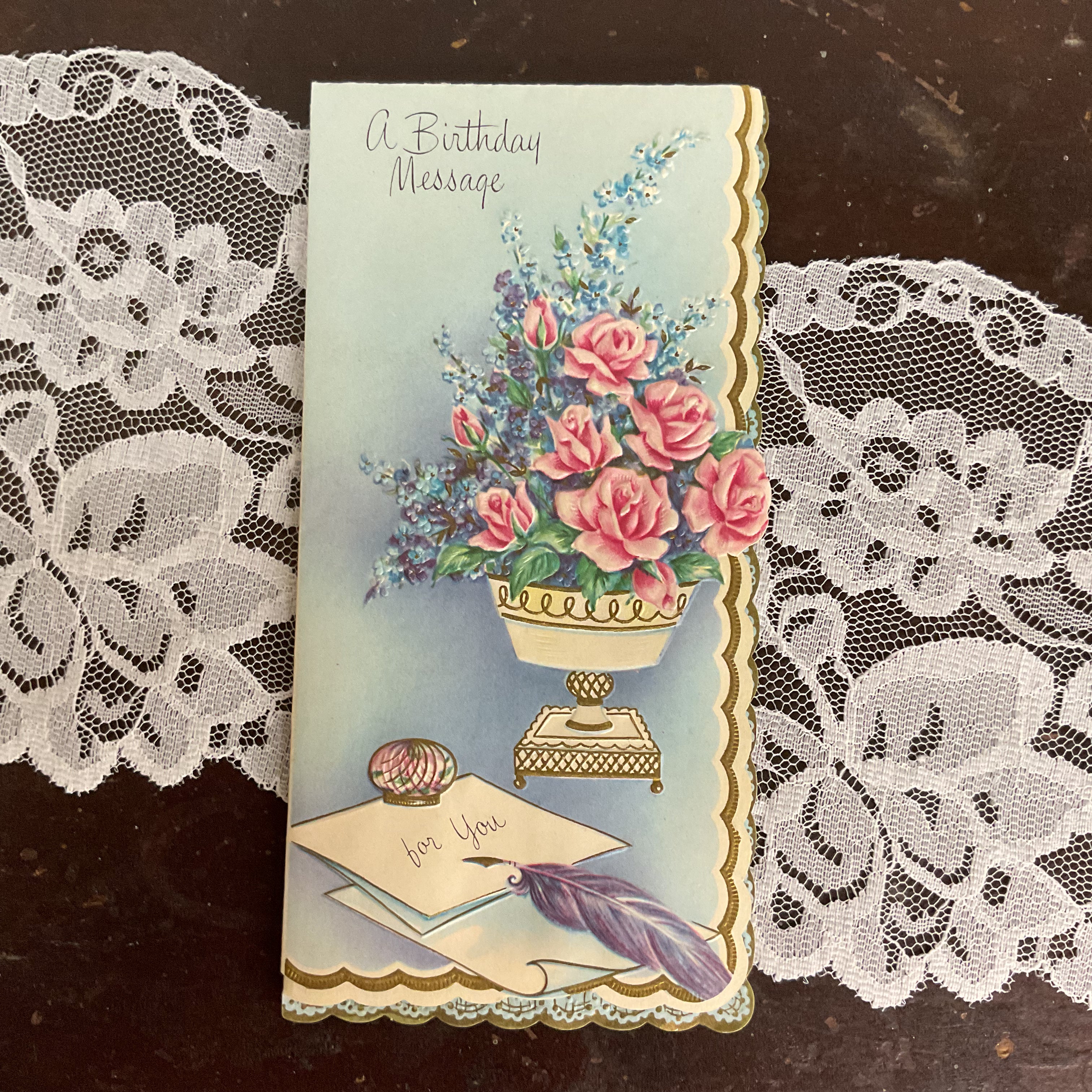 Vintage 1950s Birthday Greetings Card Pink Roses Feather Pen Unused