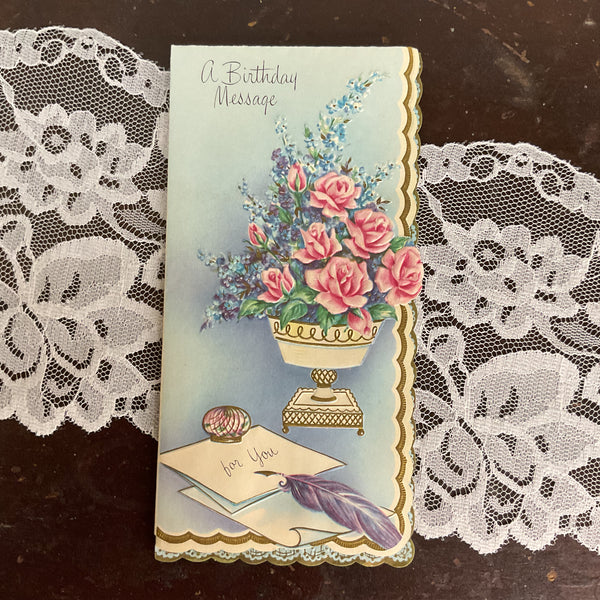 Vintage 1950s Birthday Greetings Card Pink Roses Feather Pen Unused