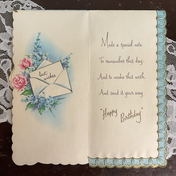 Vintage 1950s Birthday Greetings Card Pink Roses Feather Pen Unused