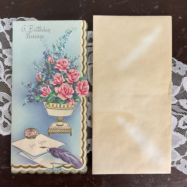 Vintage 1950s Birthday Greetings Card Pink Roses Feather Pen Unused