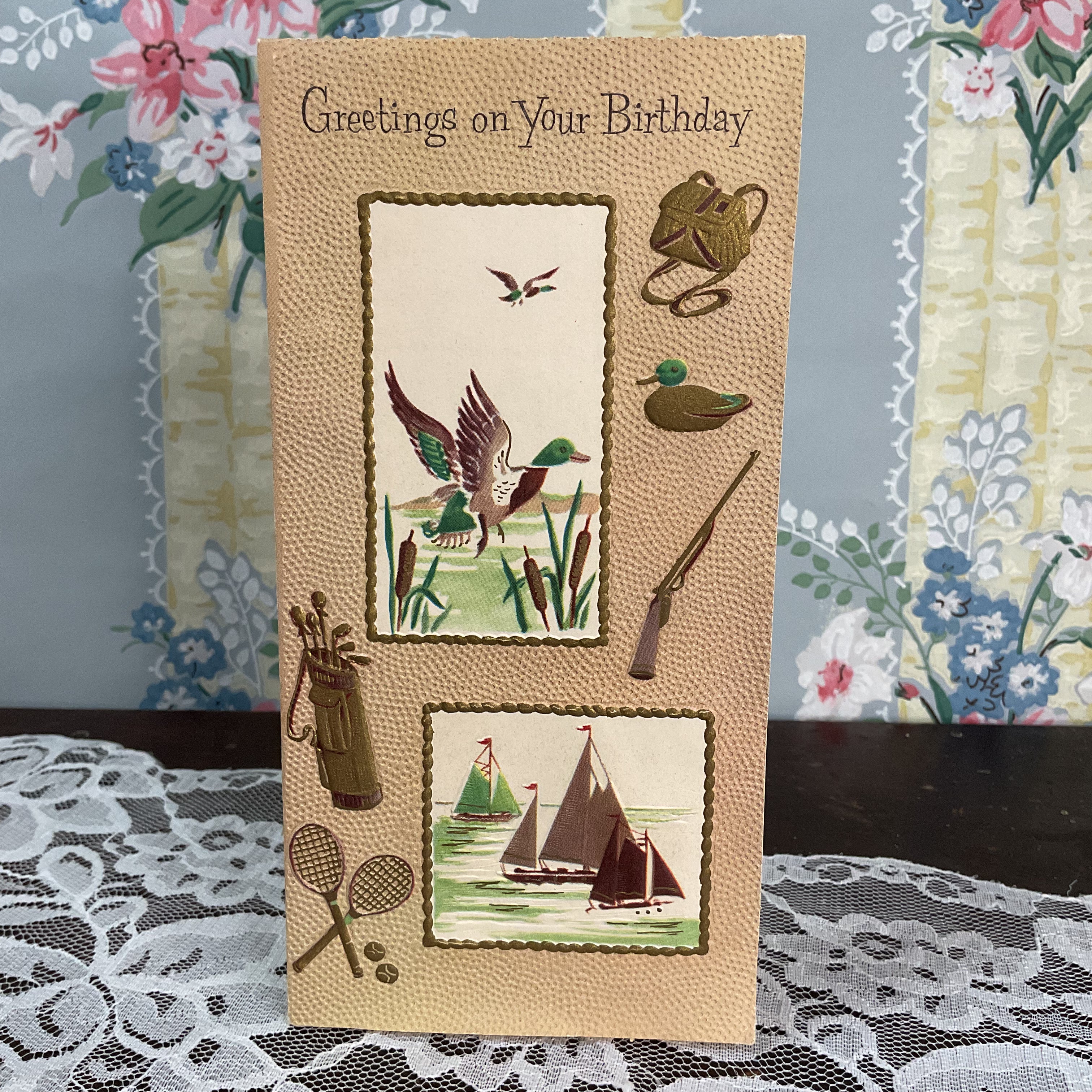 Vintage 1950s Birthday Greetings Card Duck Hunting Golf Clubs Unused