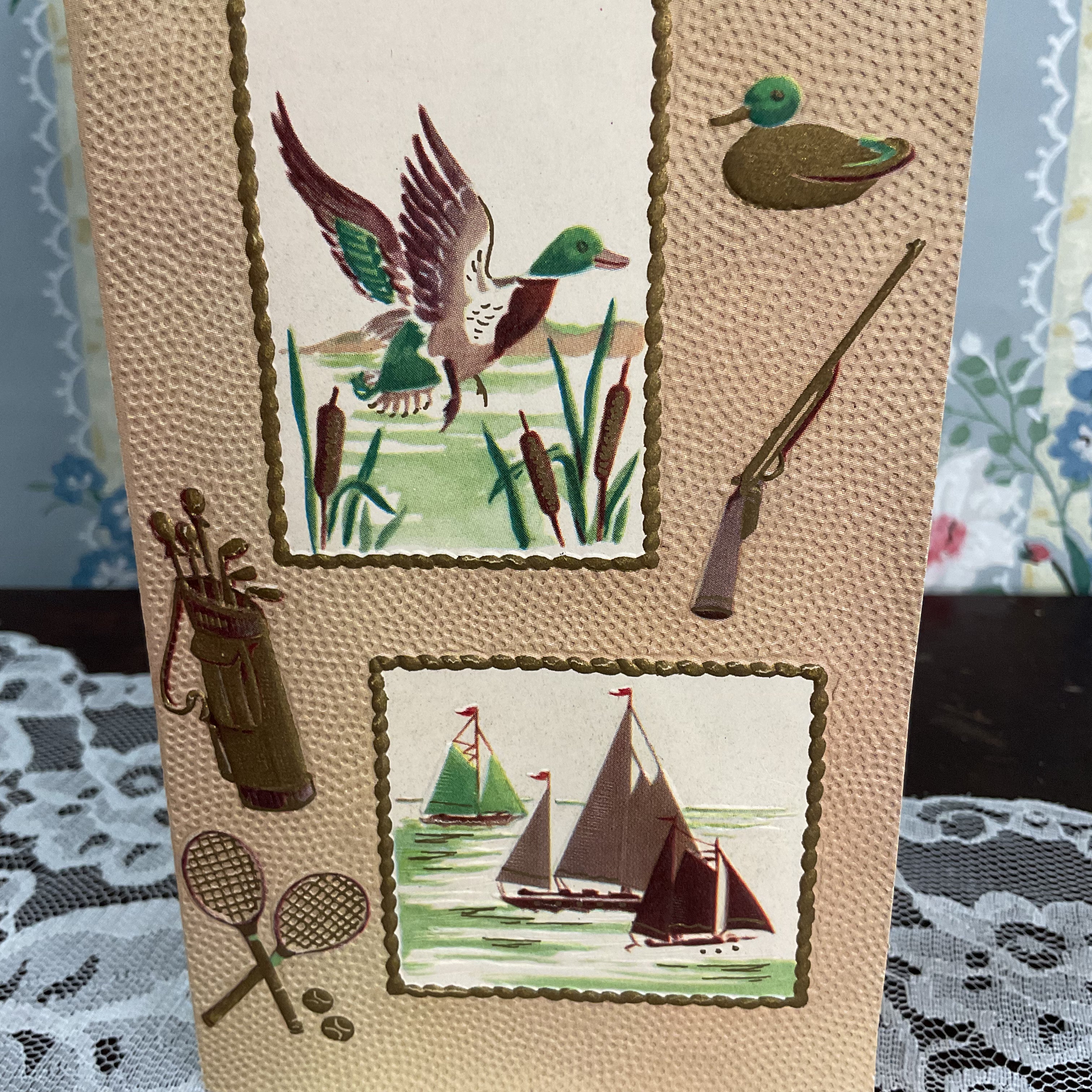 Vintage 1950s Birthday Greetings Card Duck Hunting Golf Clubs Unused