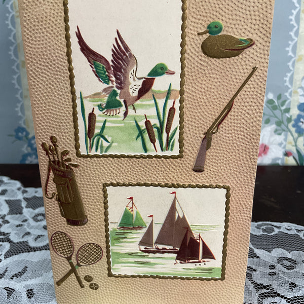Vintage 1950s Birthday Greetings Card Duck Hunting Golf Clubs Unused