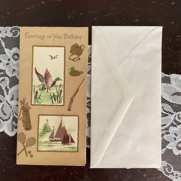 Vintage 1950s Birthday Greetings Card Duck Hunting Golf Clubs Unused
