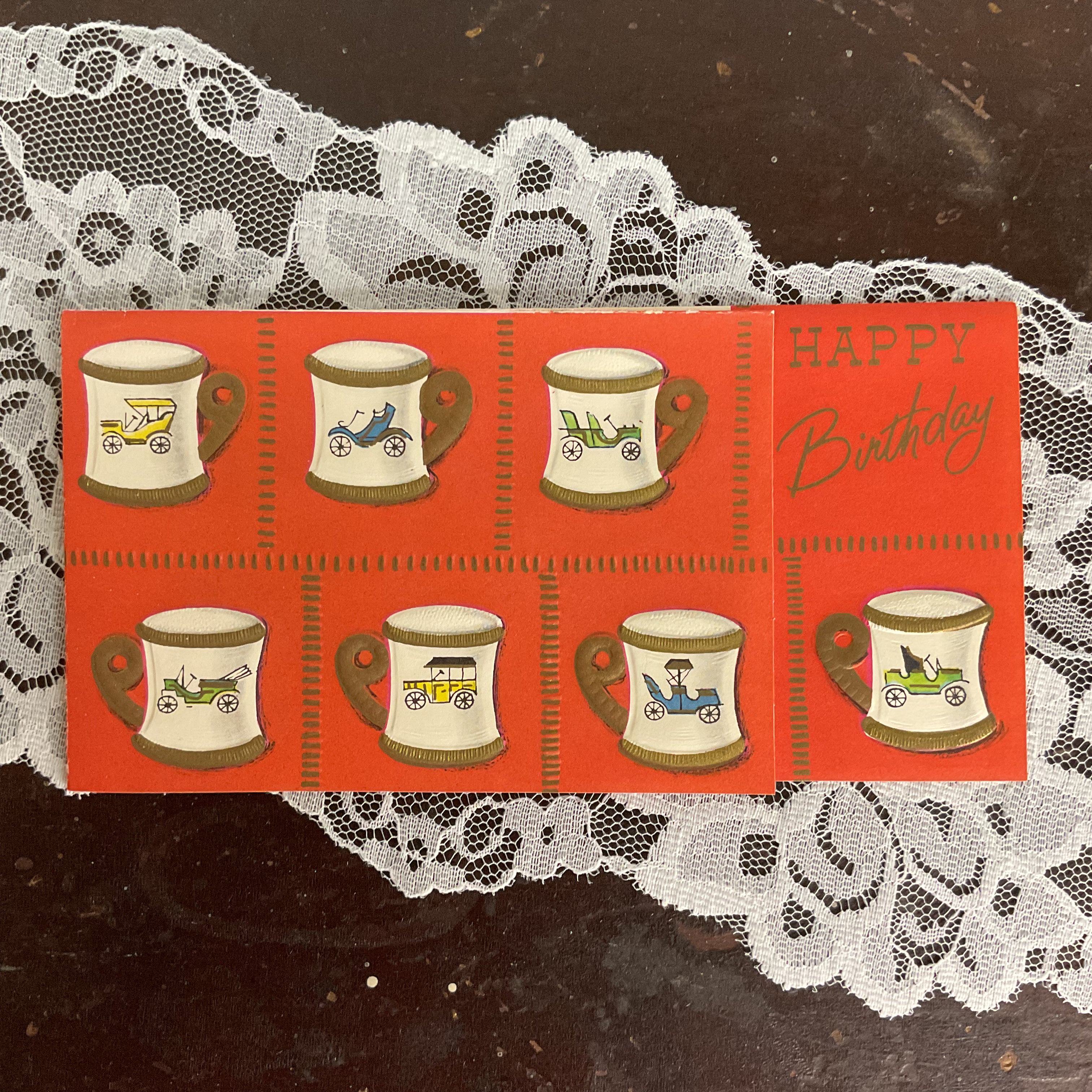 Vintage 1950s Birthday Greetings Card Antique Cars on Mugs Unused