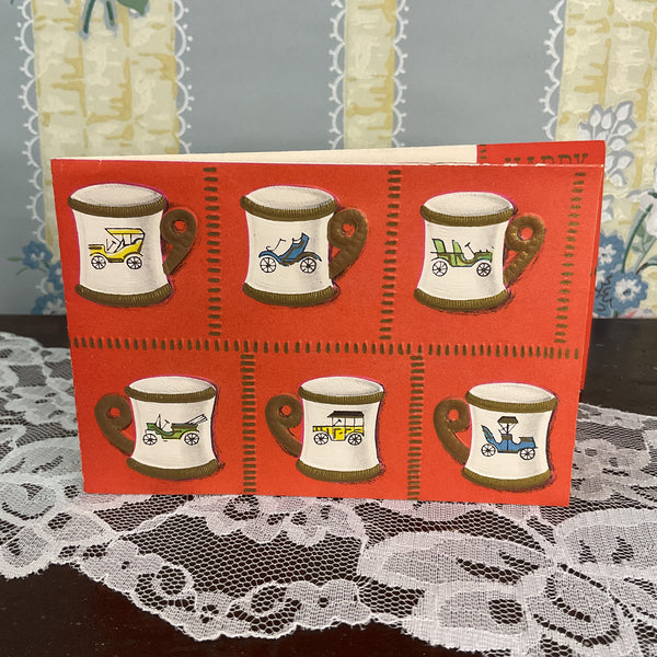 Vintage 1950s Birthday Greetings Card Antique Cars on Mugs Unused