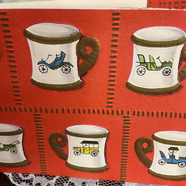 Vintage 1950s Birthday Greetings Card Antique Cars on Mugs Unused