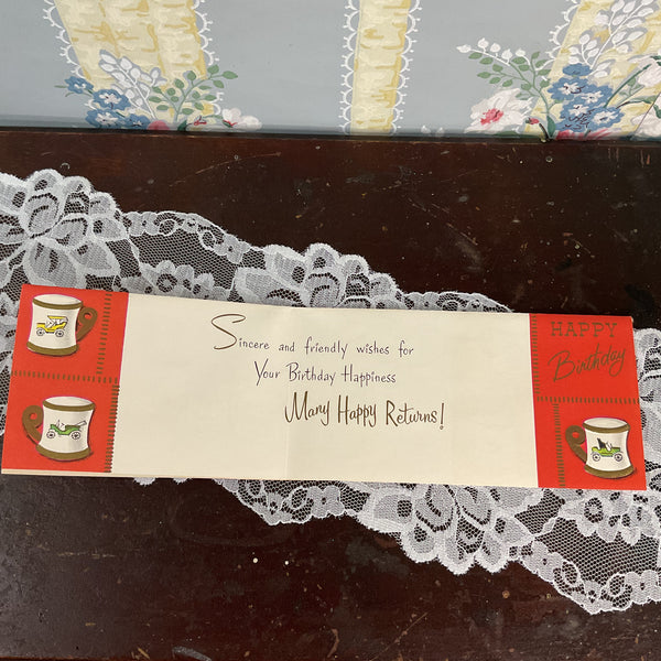 Vintage 1950s Birthday Greetings Card Antique Cars on Mugs Unused