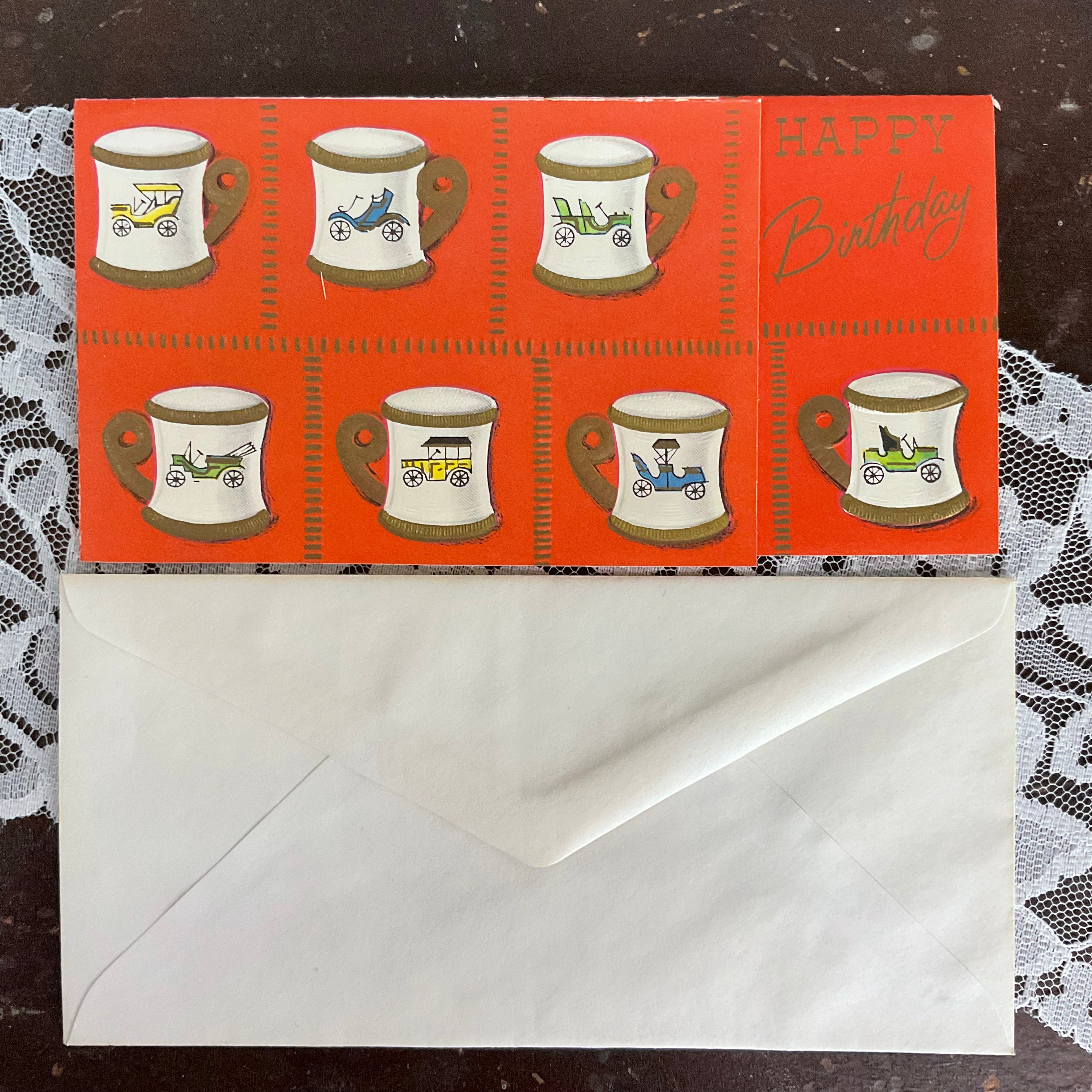Vintage 1950s Birthday Greetings Card Antique Cars on Mugs Unused