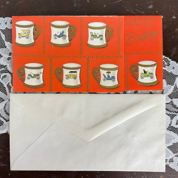 Vintage 1950s Birthday Greetings Card Antique Cars on Mugs Unused