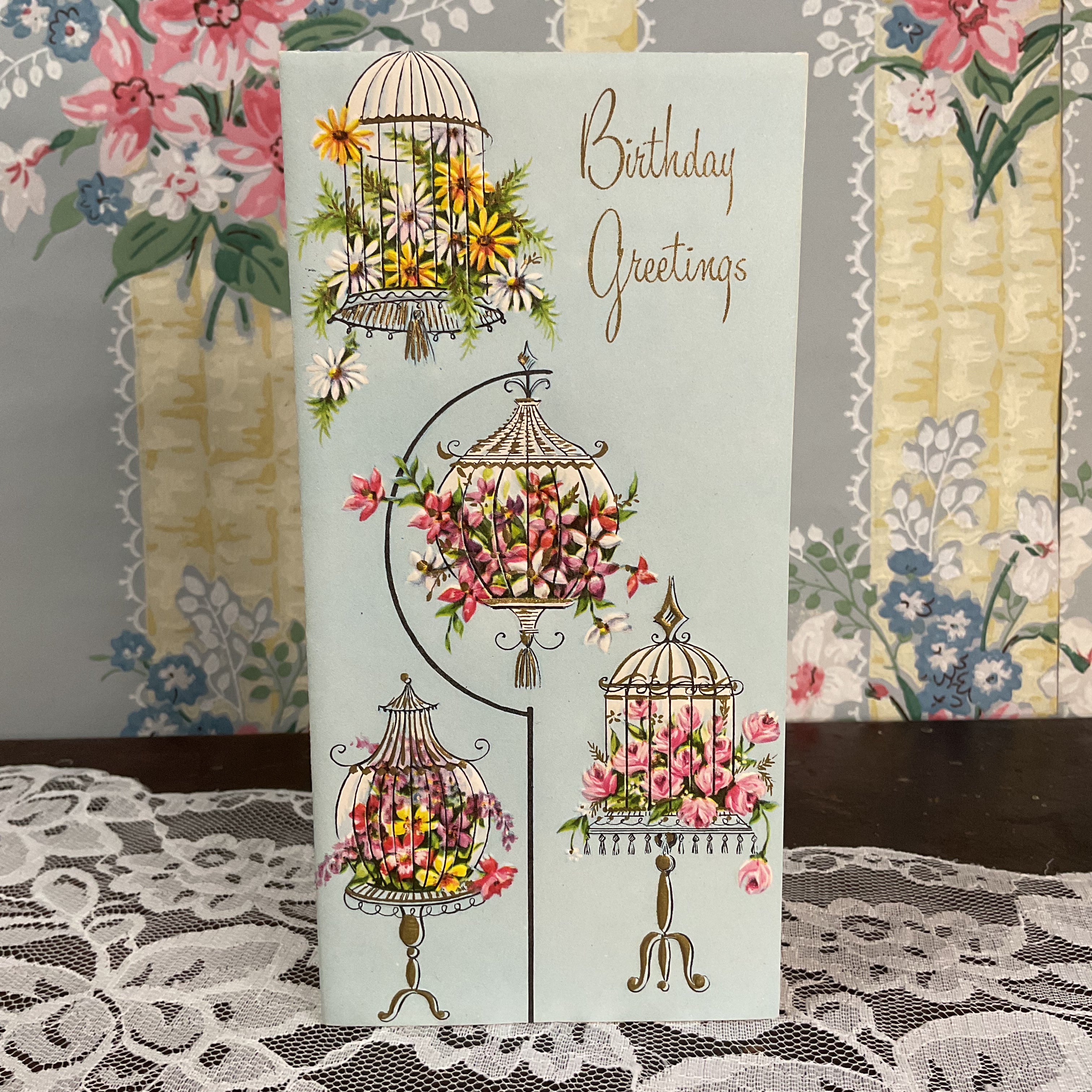 Vintage 1950s Birthday Greetings Card Floral Birdcages Unused