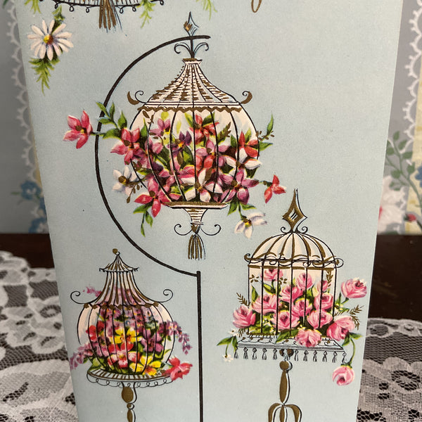 Vintage 1950s Birthday Greetings Card Floral Birdcages Unused