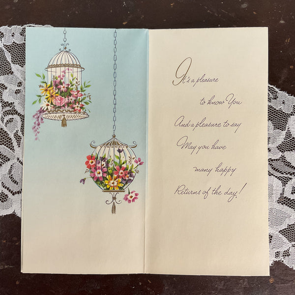 Vintage 1950s Birthday Greetings Card Floral Birdcages Unused