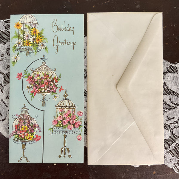 Vintage 1950s Birthday Greetings Card Floral Birdcages Unused
