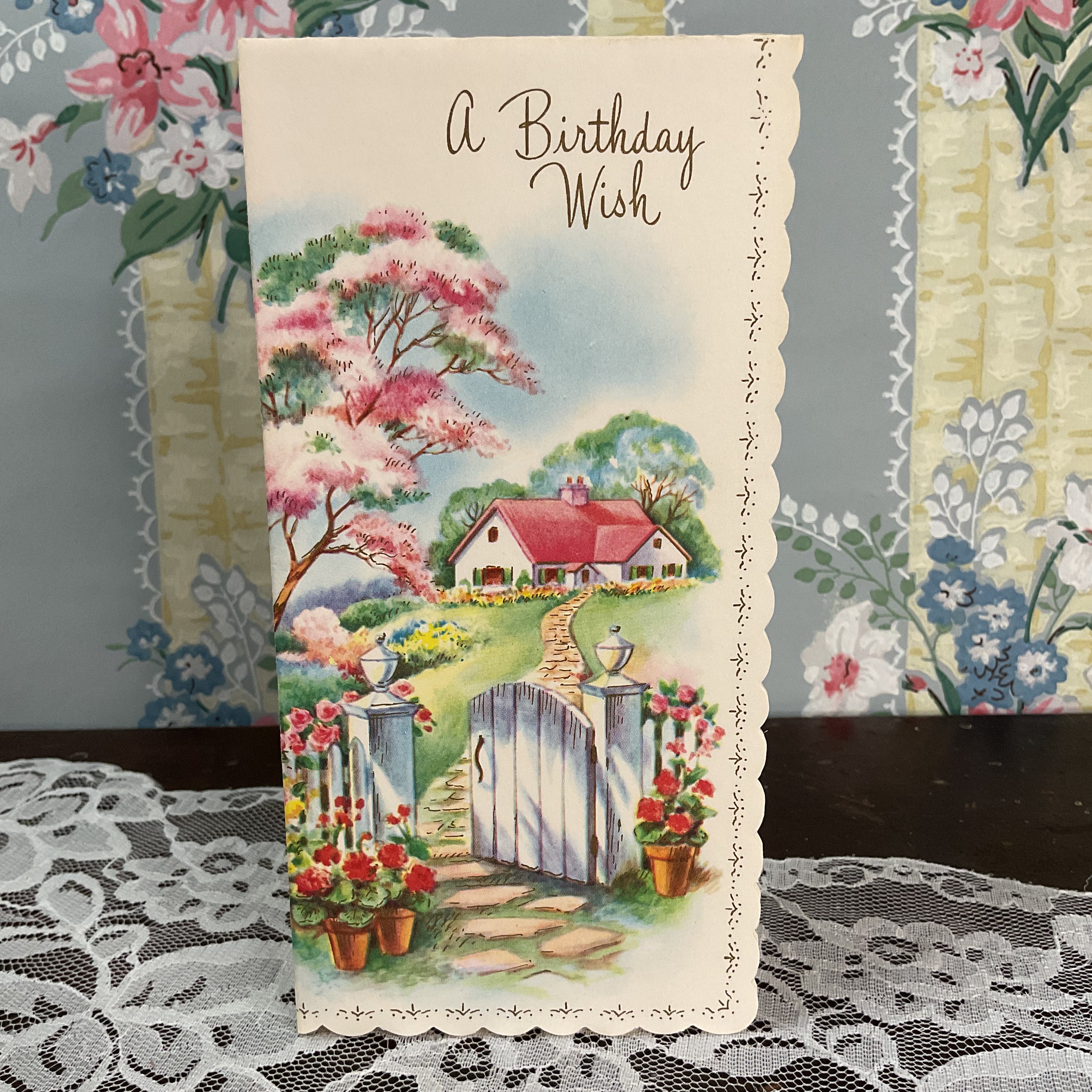 Vintage 1950s Birthday Greeting Card Cottage White Picket Fence Unused