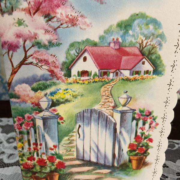 Vintage 1950s Birthday Greeting Card Cottage White Picket Fence Unused