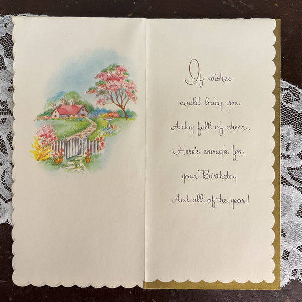 Vintage 1950s Birthday Greeting Card Cottage White Picket Fence Unused