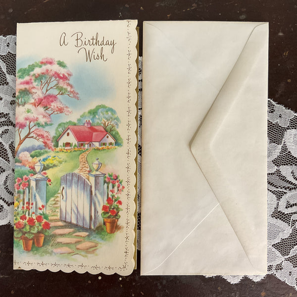 Vintage 1950s Birthday Greeting Card Cottage White Picket Fence Unused