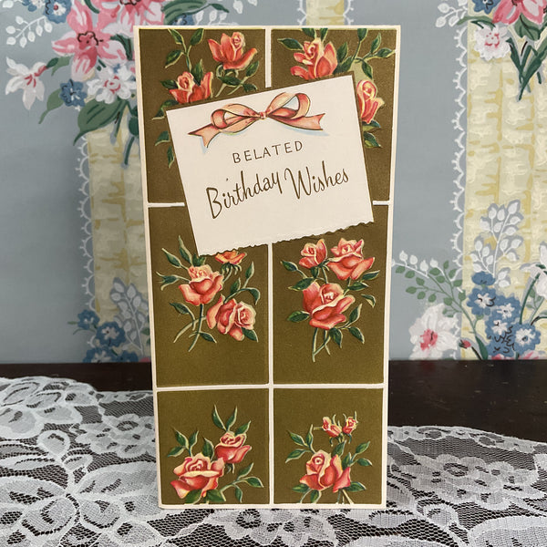 Vintage 1950s Belated Birthday Greeting Card Pink Roses on Gold Unused