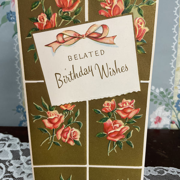 Vintage 1950s Belated Birthday Greeting Card Pink Roses on Gold Unused