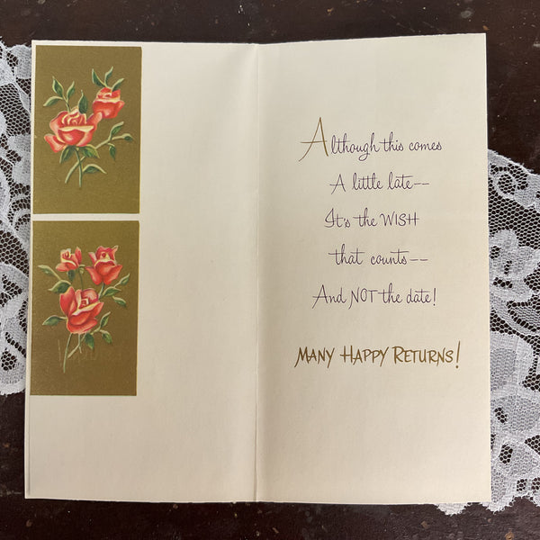 Vintage 1950s Belated Birthday Greeting Card Pink Roses on Gold Unused