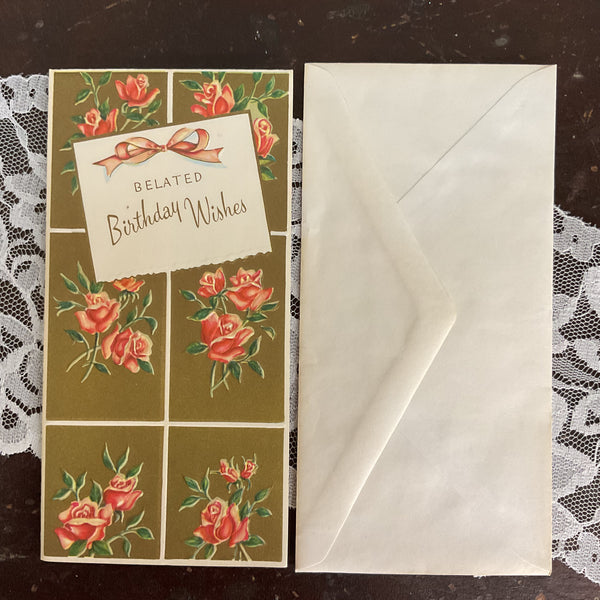 Vintage 1950s Belated Birthday Greeting Card Pink Roses on Gold Unused