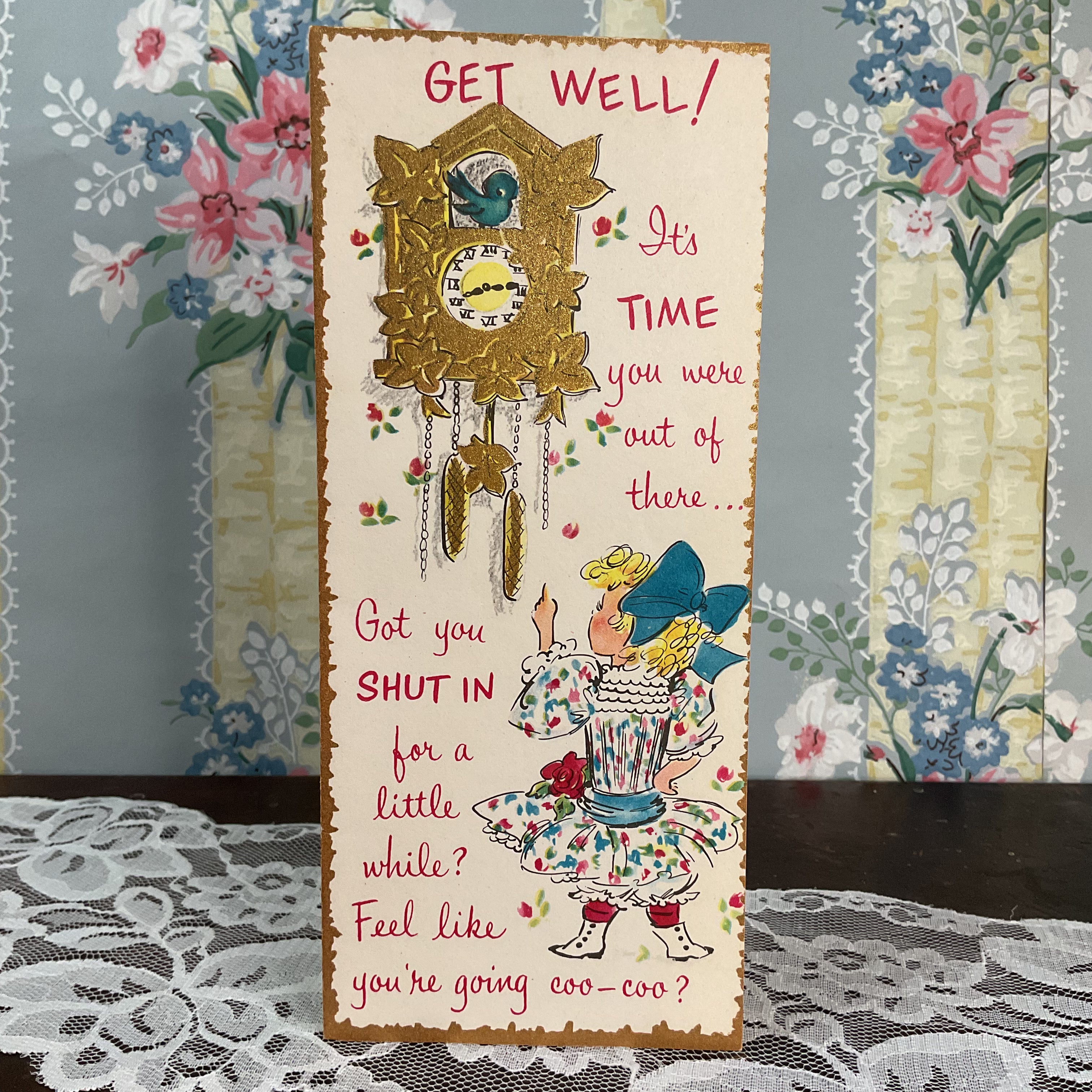 Vintage 1950s Sunshine Get Well Card Cuckoo Clock Little Girl Unused