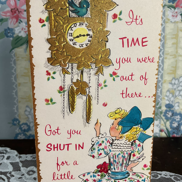 Vintage 1950s Sunshine Get Well Card Cuckoo Clock Little Girl Unused