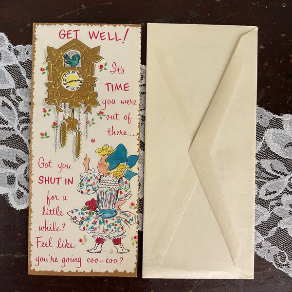 Vintage 1950s Sunshine Get Well Card Cuckoo Clock Little Girl Unused